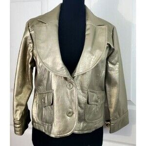 Ashley Womens Polyurethane Gold Blazer Button Jacket Coat Sz L EUC